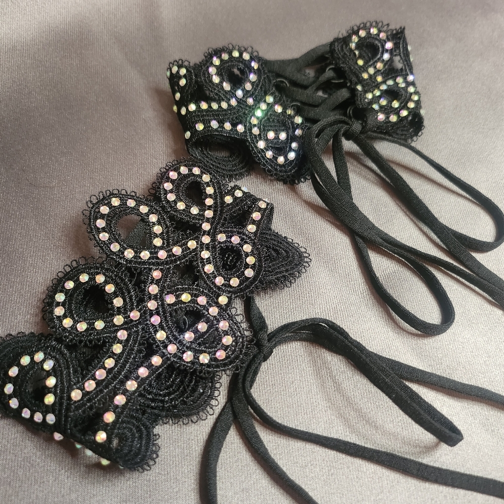 Arm Garters, Set of 2, Black, AB Crystal Embellished, Corset Ties, Handmade